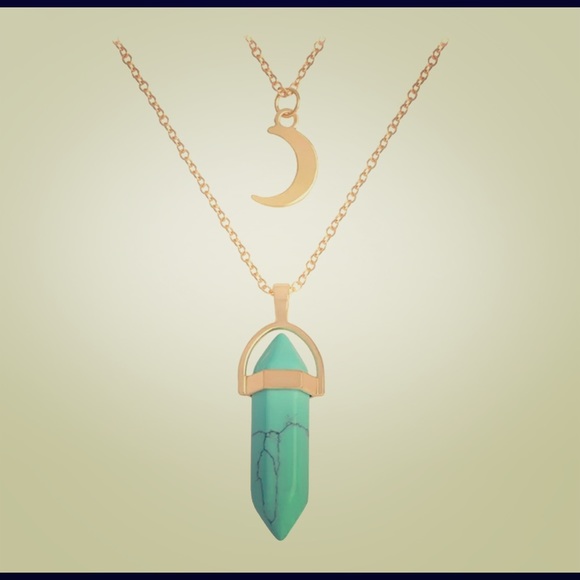 Two Strand Gold Moon Turquoise Stone Necklace Gem - Picture 2 of 3